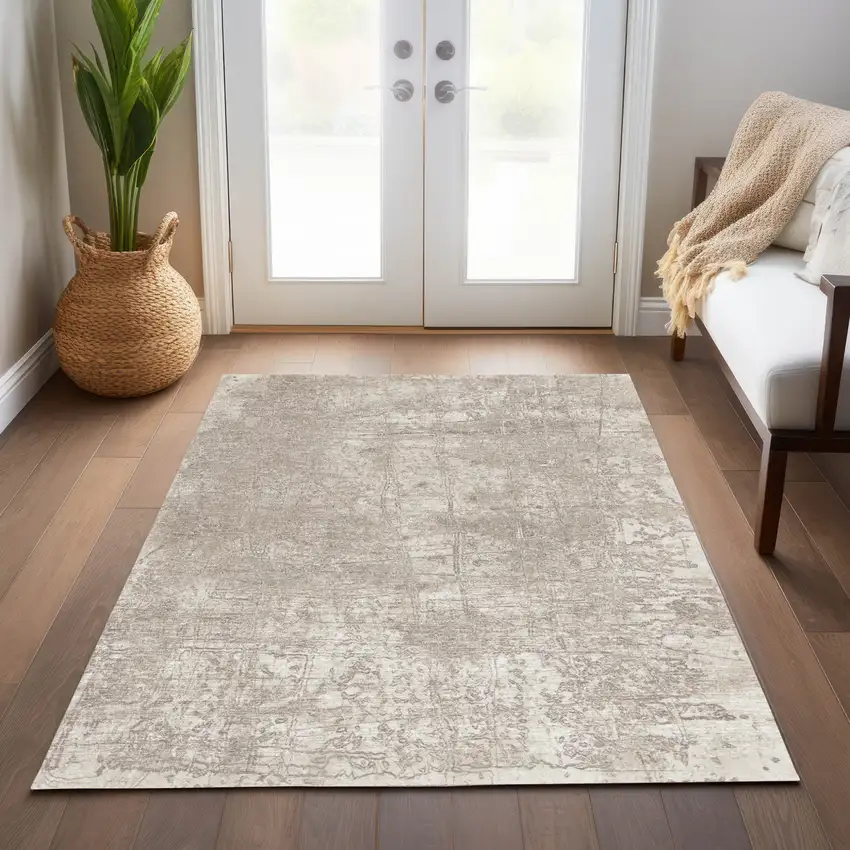 Ivory Abstract Washable Non Skid Indoor Outdoor Area Rug Photo 9