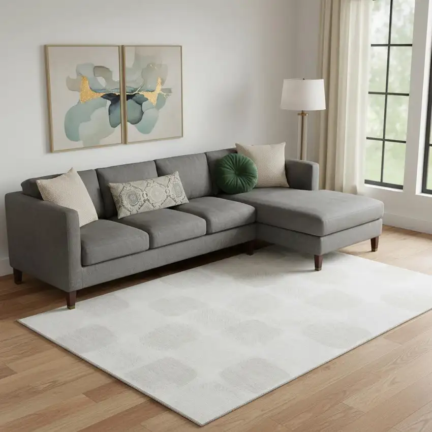 Ivory And Beige Abstract Geometric Washable Area Rug With UV Protection Photo 1