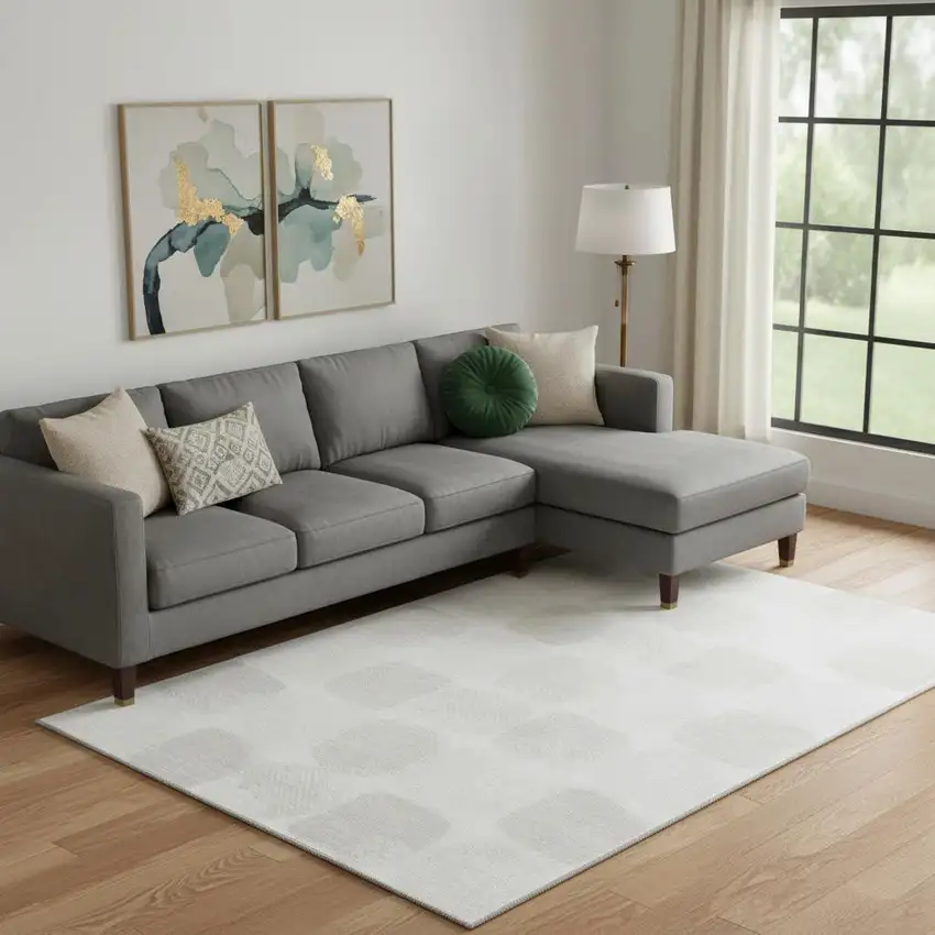 Ivory And Beige Abstract Geometric Washable Area Rug With UV Protection Photo 1