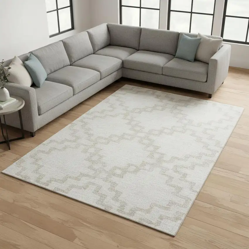 Ivory And Beige Abstract Geometric Washable Area Rug With UV Protection Photo 2