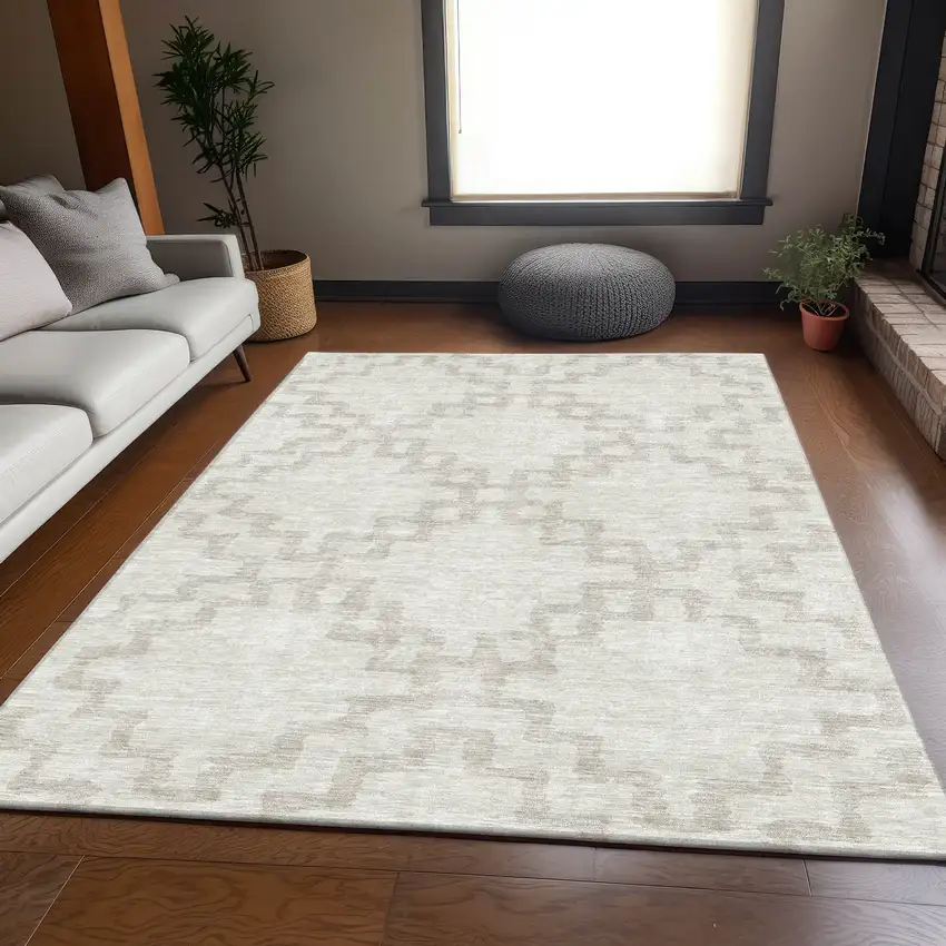 Ivory And Beige Abstract Geometric Washable Area Rug With UV Protection Photo 6