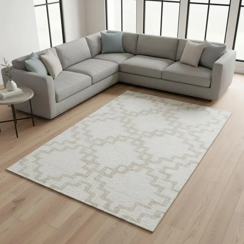 Ivory And Beige Abstract Geometric Washable Area Rug With UV Protection Photo 2