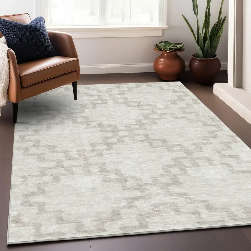 Ivory And Beige Abstract Geometric Washable Area Rug With UV Protection Photo 5