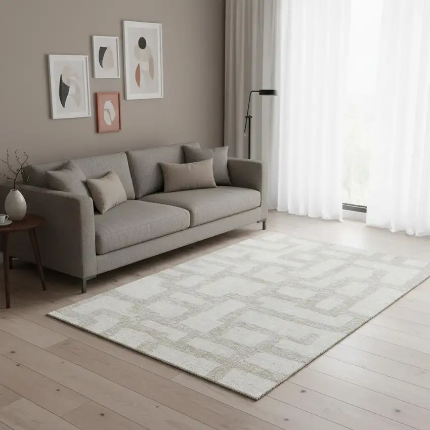 Ivory And Beige Abstract Geometric Washable Area Rug With UV Protection Photo 2