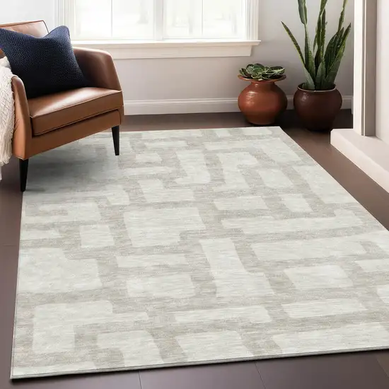 Ivory And Beige Abstract Geometric Washable Area Rug With UV Protection Photo 5