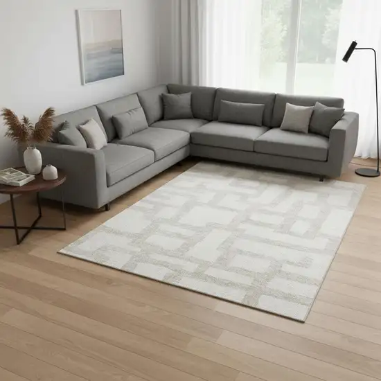 Ivory And Beige Abstract Geometric Washable Area Rug With UV Protection Photo 2