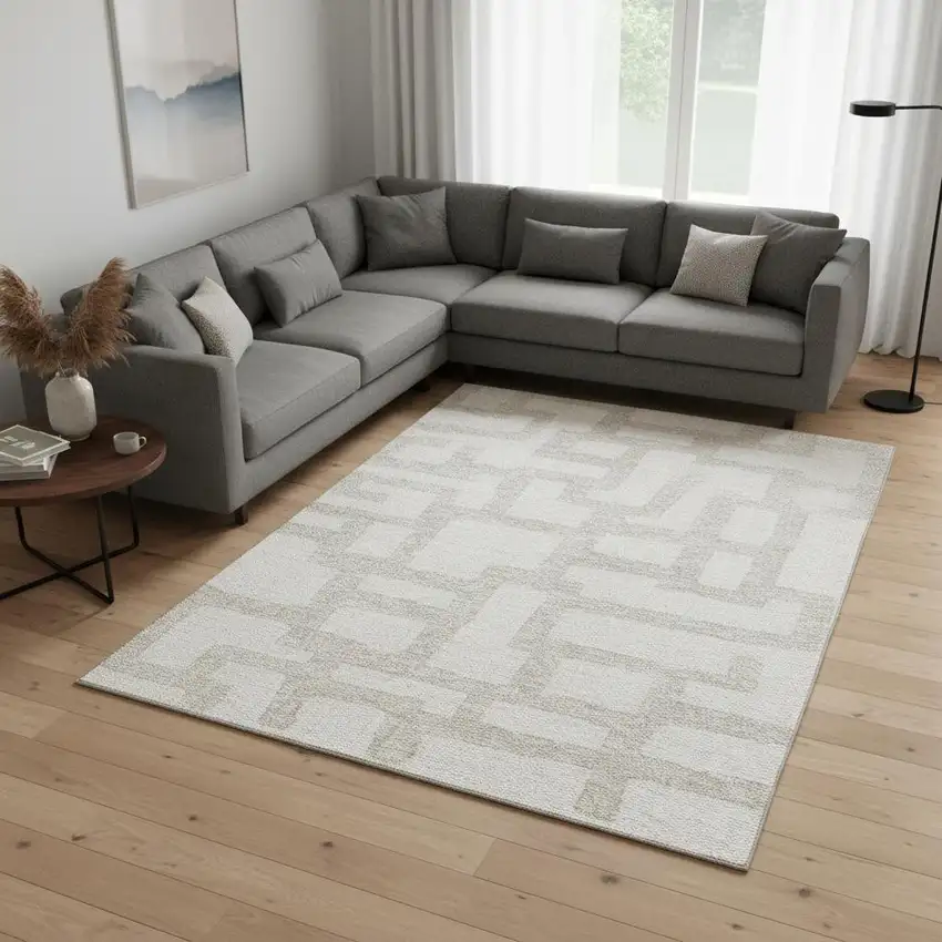 Ivory And Beige Abstract Geometric Washable Area Rug With UV Protection Photo 2