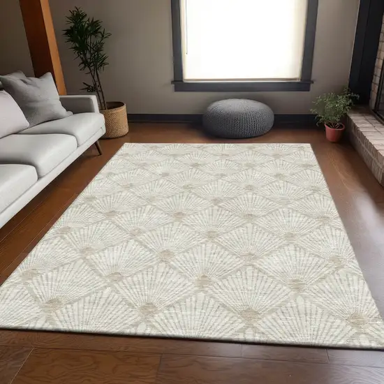 Ivory And Beige Abstract Geometric Washable Area Rug With UV Protection Photo 6