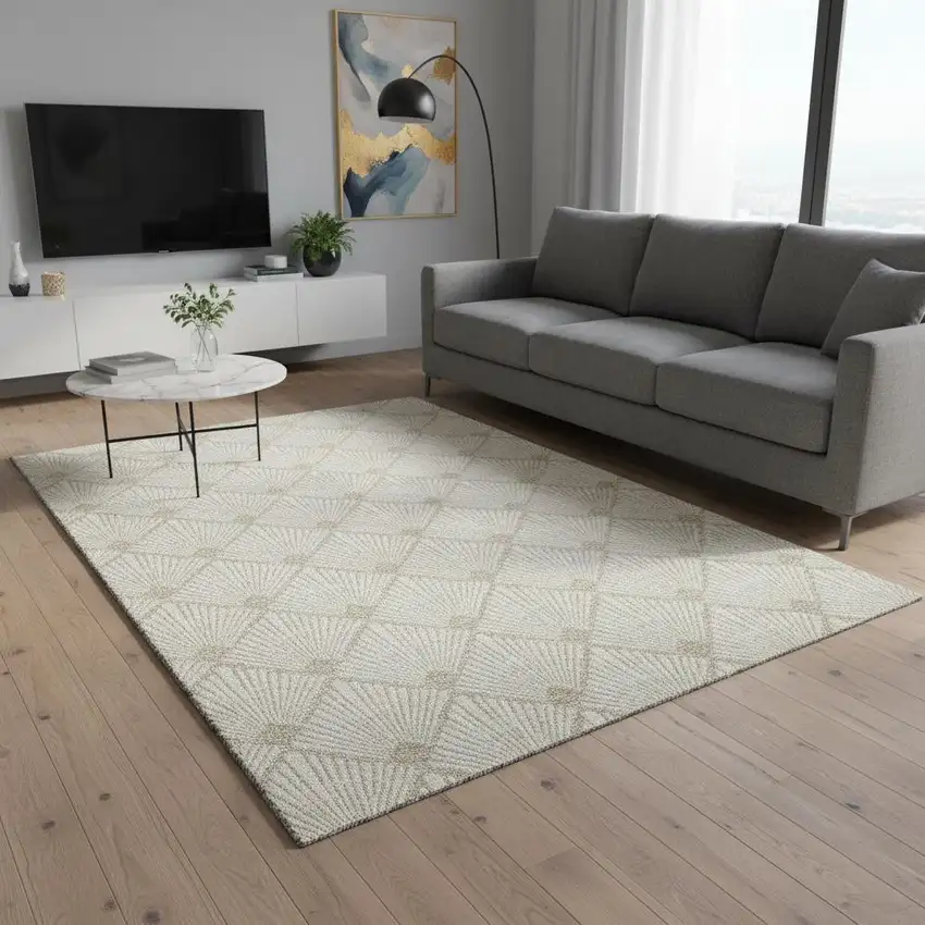 Ivory And Beige Abstract Geometric Washable Area Rug With UV Protection Photo 2