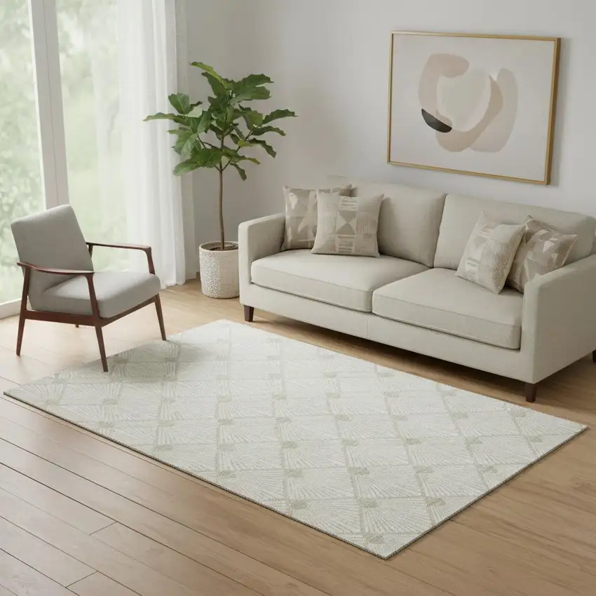 Ivory And Beige Abstract Geometric Washable Area Rug With UV Protection Photo 1