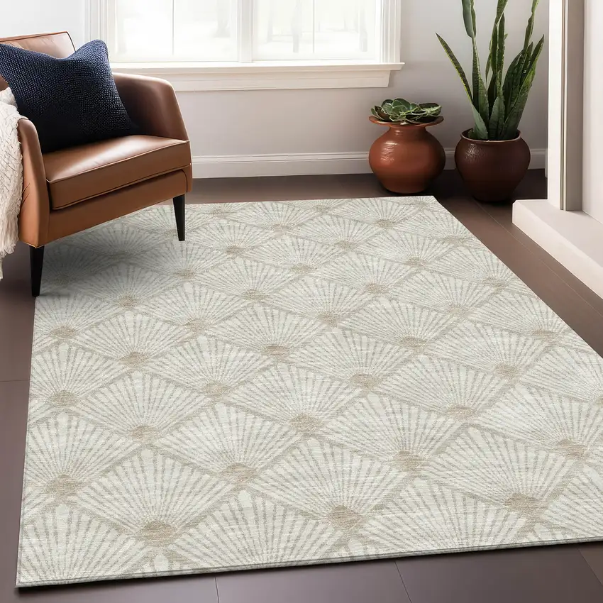 Ivory And Beige Abstract Geometric Washable Area Rug With UV Protection Photo 5