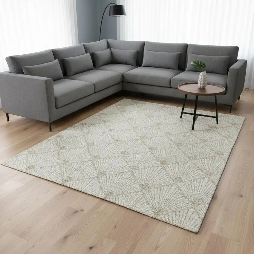 Ivory And Beige Abstract Geometric Washable Area Rug With UV Protection Photo 2