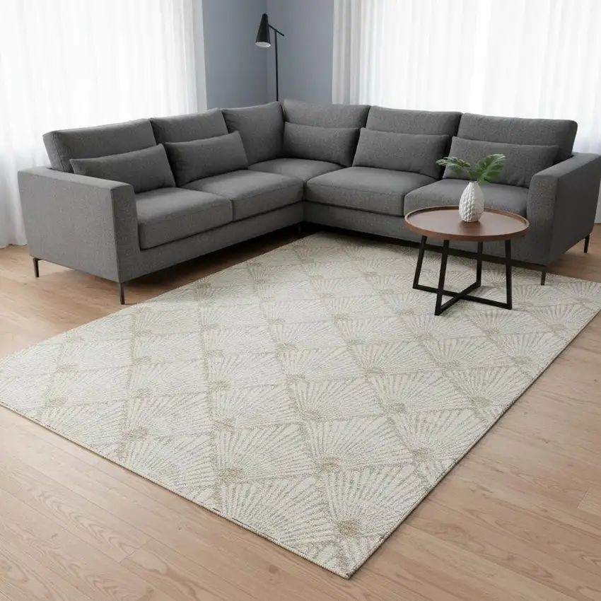 Ivory And Beige Abstract Geometric Washable Area Rug With UV Protection Photo 2