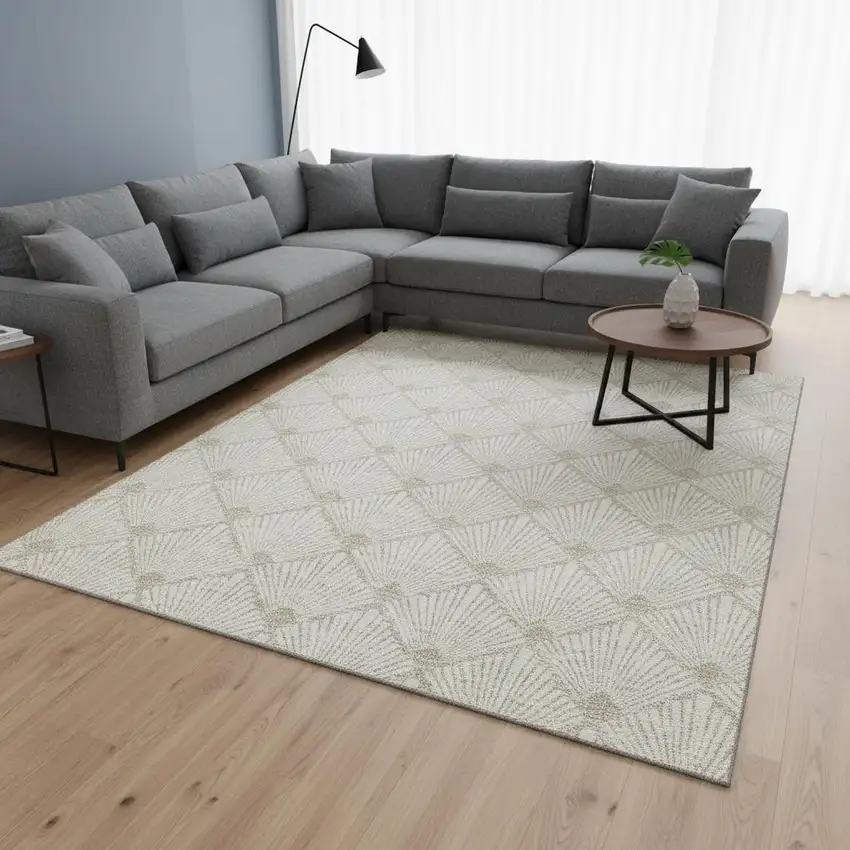 Ivory And Beige Abstract Geometric Washable Area Rug With UV Protection Photo 2