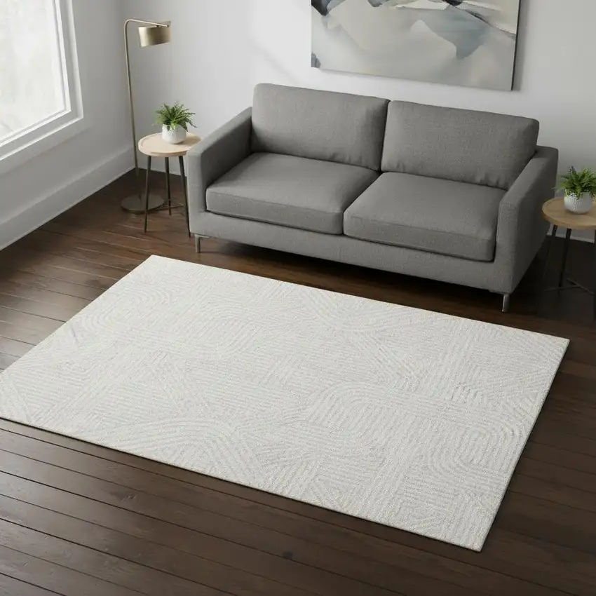 Ivory And Beige Abstract Geometric Washable Area Rug With UV Protection Photo 2