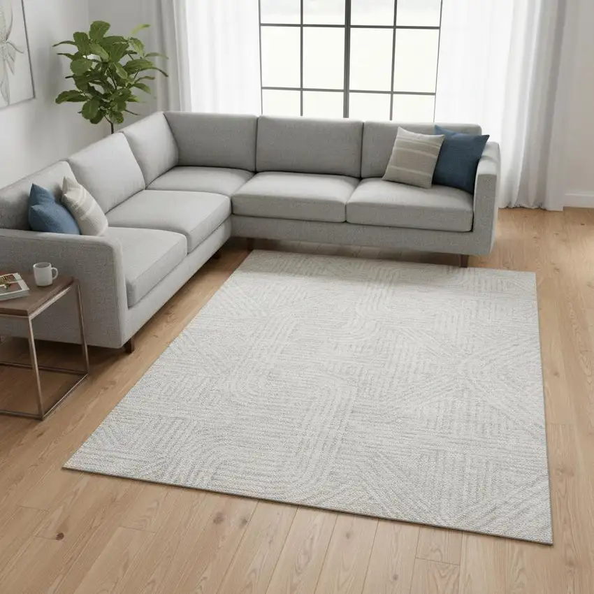 Ivory And Beige Abstract Geometric Washable Area Rug With UV Protection Photo 2