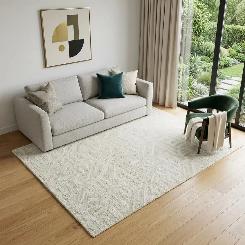 Ivory And Beige Abstract Geometric Washable Area Rug With UV Protection Photo 1