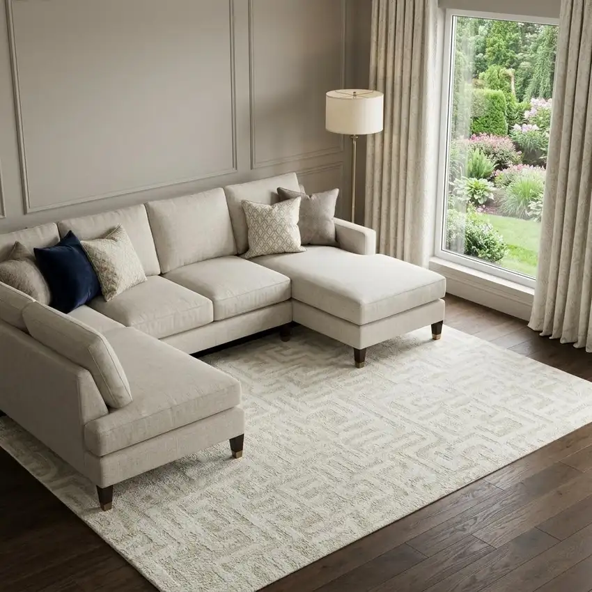 Ivory And Beige Abstract Geometric Washable Area Rug With UV Protection Photo 1