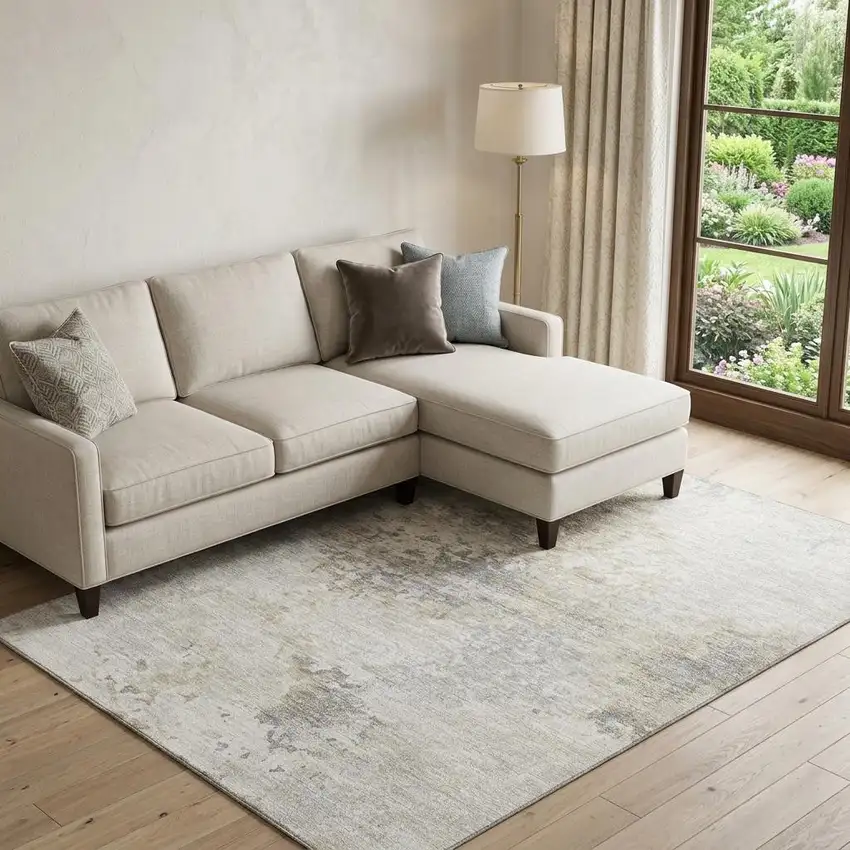 Ivory And Beige Abstract Washable Area Rug With UV Protection Photo 1