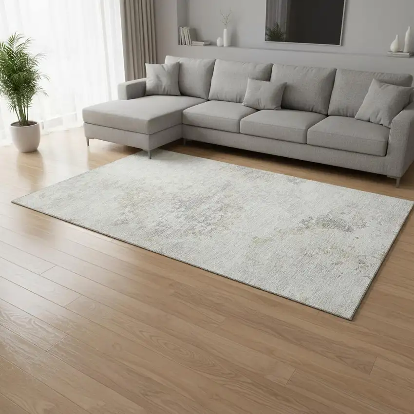 Ivory And Beige Abstract Washable Area Rug With UV Protection Photo 1