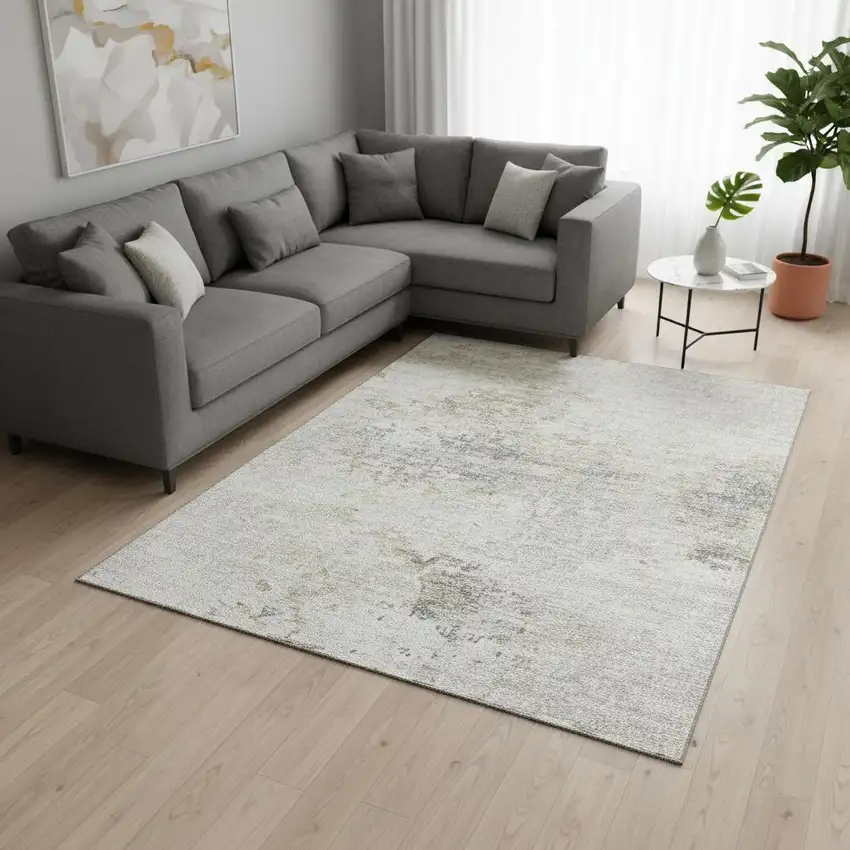 Ivory And Beige Abstract Washable Area Rug With UV Protection Photo 1