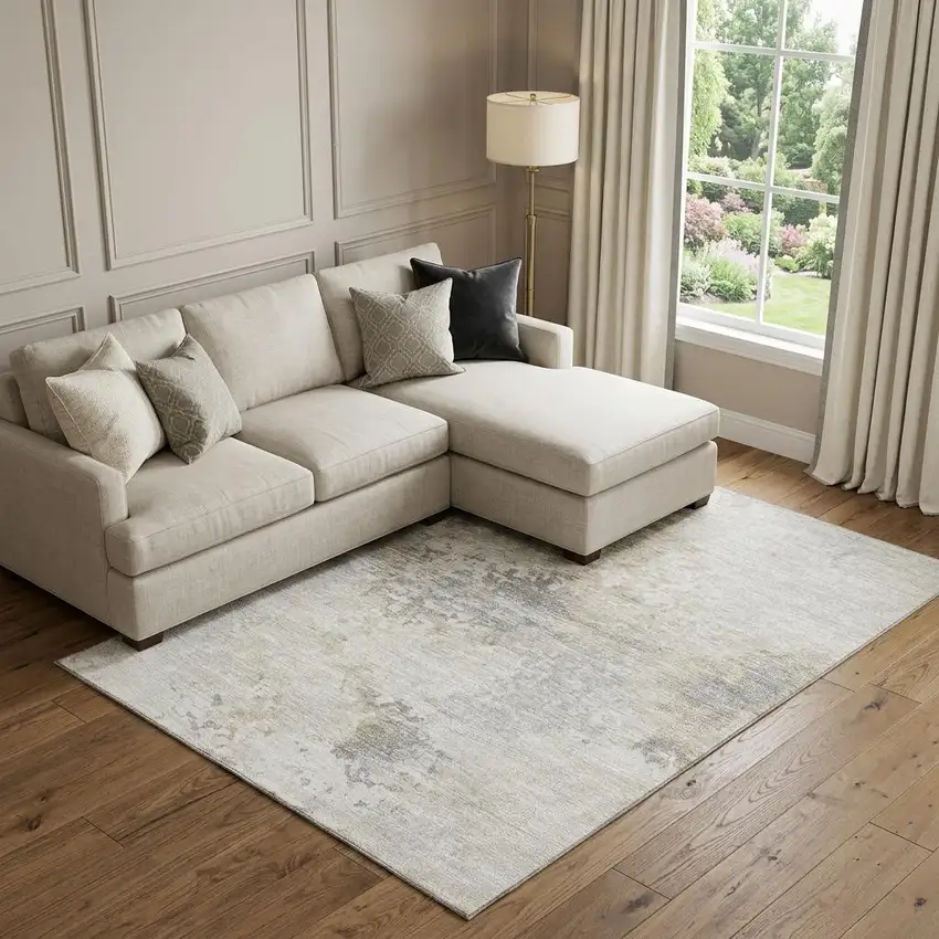 Ivory And Beige Abstract Washable Area Rug With UV Protection Photo 1