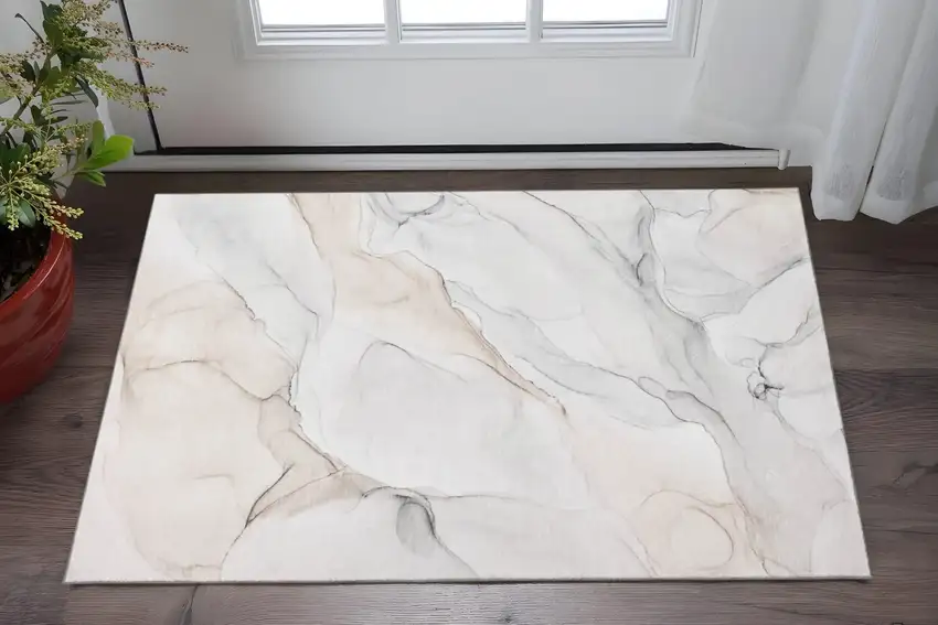 Ivory And Beige Abstract Washable Area Rug With UV Protection Photo 2