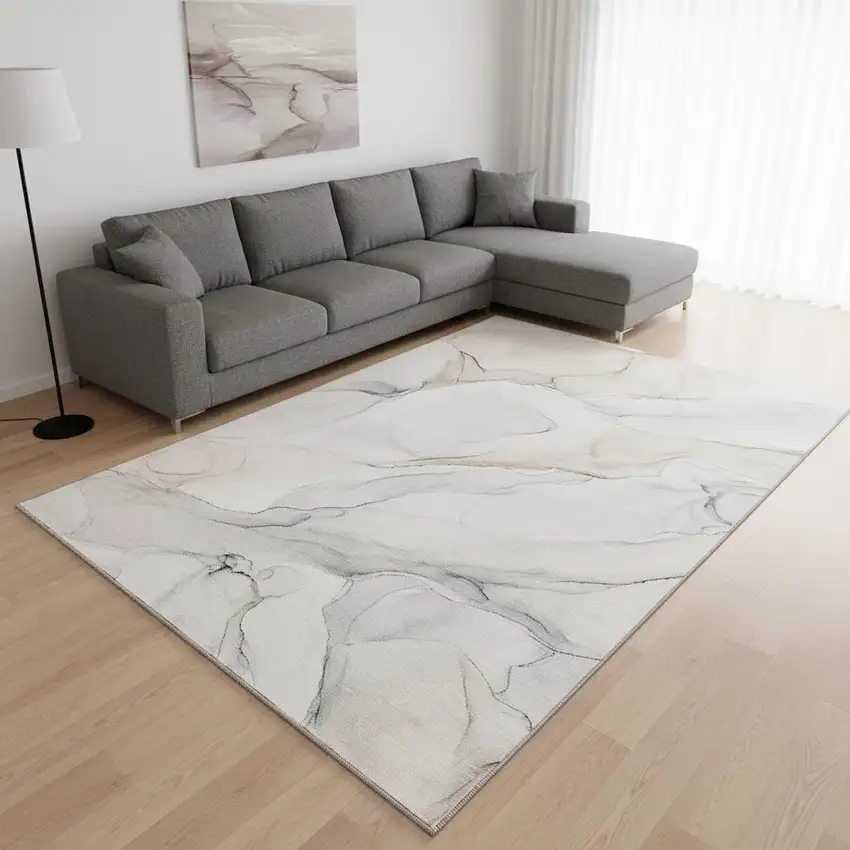 Ivory And Beige Abstract Washable Area Rug With UV Protection Photo 1