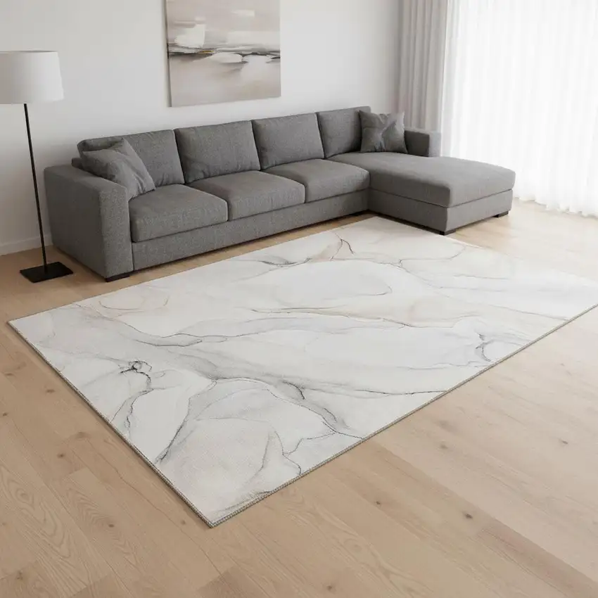 Ivory And Beige Abstract Washable Area Rug With UV Protection Photo 1