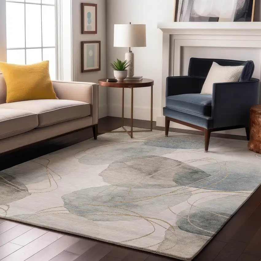 Ivory And Beige Abstract Washable Area Rug With UV Protection Photo 5