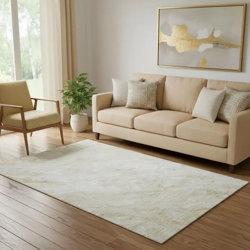 Ivory And Beige Abstract Washable Area Rug With UV Protection Photo 1