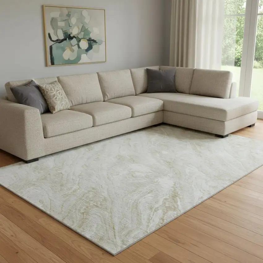 Ivory And Beige Abstract Washable Area Rug With UV Protection Photo 1