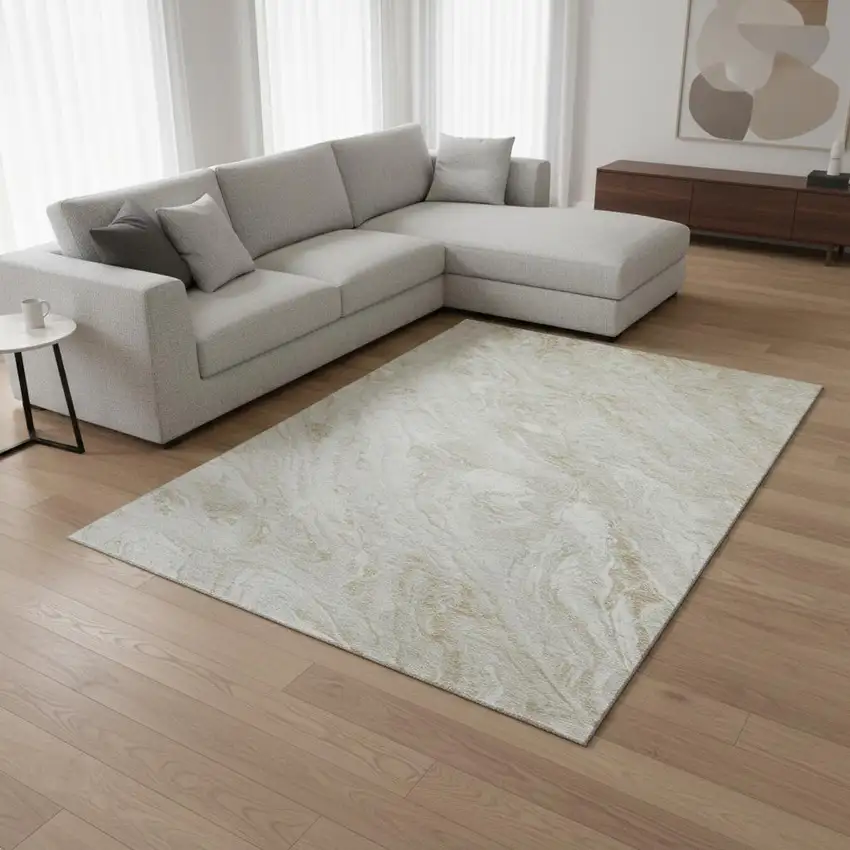Ivory And Beige Abstract Washable Area Rug With UV Protection Photo 2