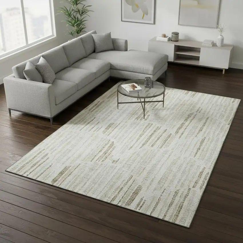 Ivory And Beige Abstract Washable Area Rug With UV Protection Photo 2