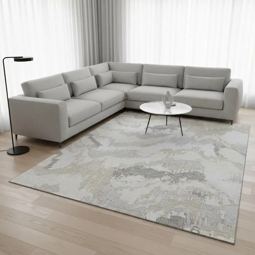 Ivory And Beige Abstract Washable Area Rug With UV Protection Photo 1