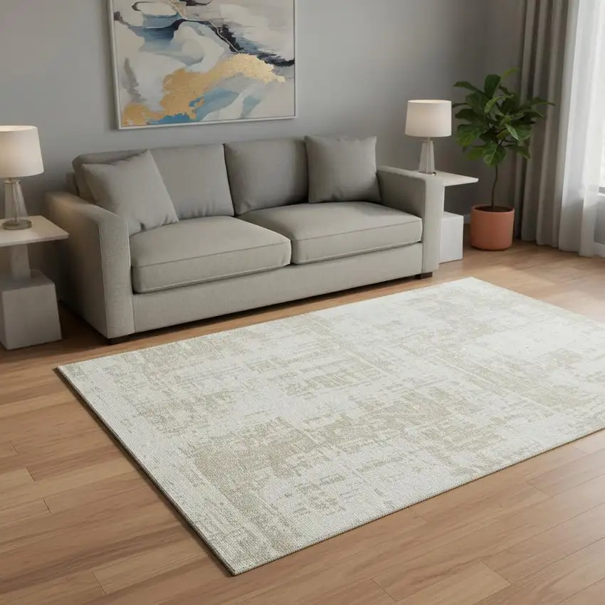 Ivory And Beige Abstract Washable Area Rug With UV Protection Photo 2