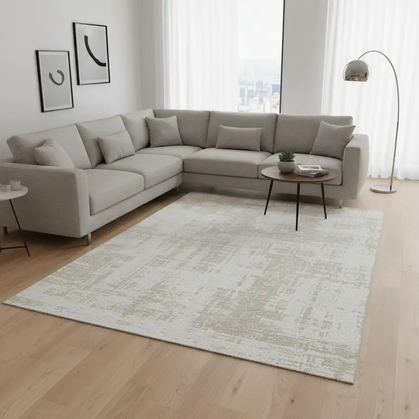 Ivory And Beige Abstract Washable Area Rug With UV Protection Photo 2