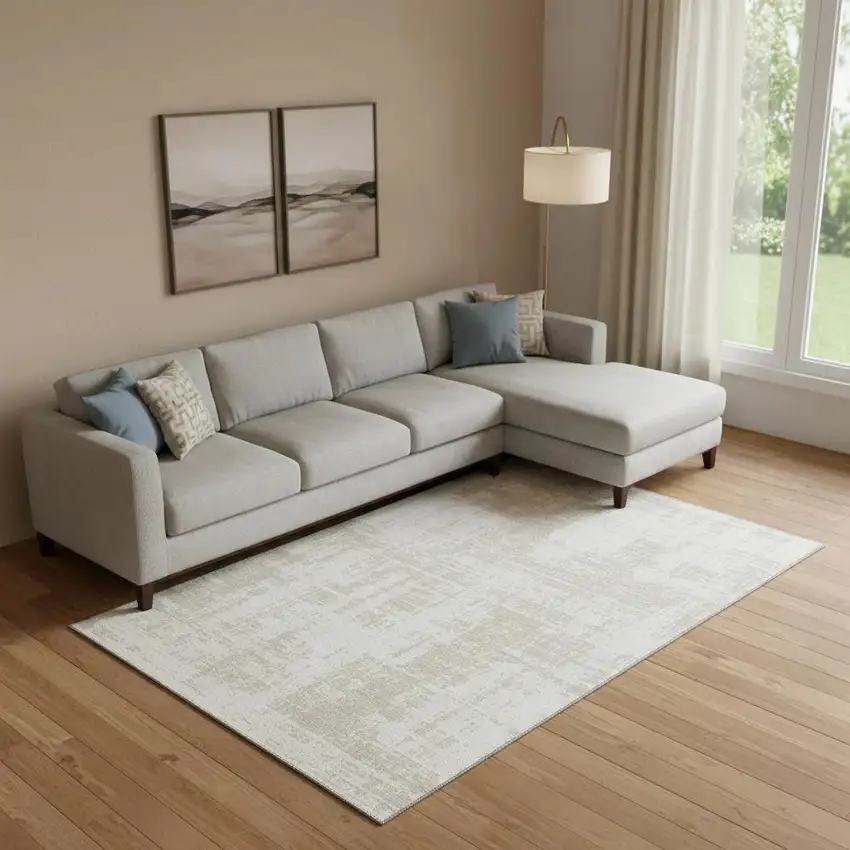 Ivory And Beige Abstract Washable Area Rug With UV Protection Photo 1