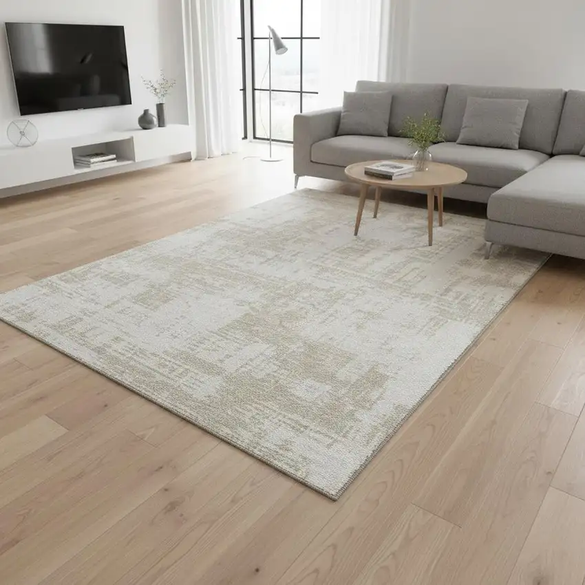 Ivory And Beige Abstract Washable Area Rug With UV Protection Photo 2