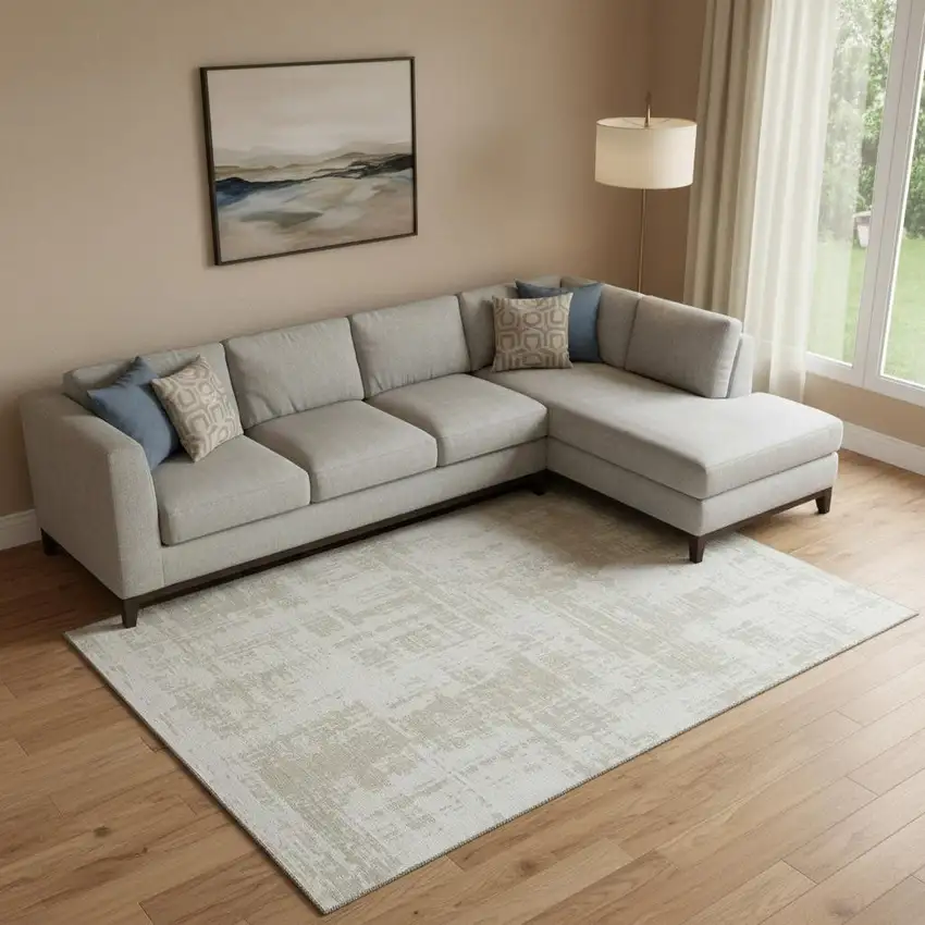 Ivory And Beige Abstract Washable Area Rug With UV Protection Photo 1