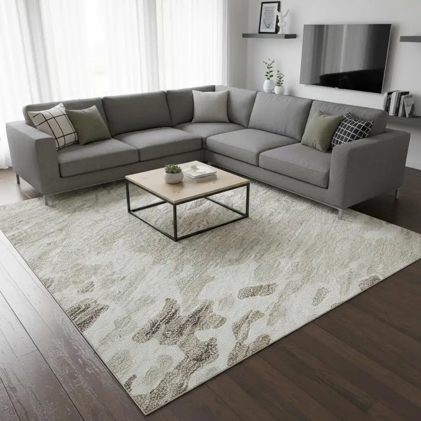 Ivory And Beige Abstract Washable Area Rug With UV Protection Photo 2