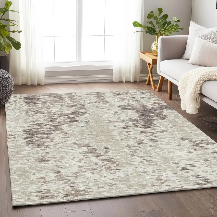 Ivory And Beige Abstract Washable Area Rug With UV Protection Photo 4