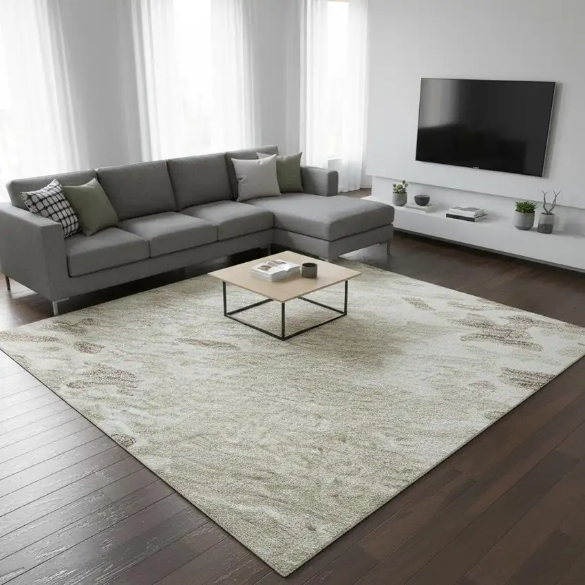 Ivory And Beige Abstract Washable Area Rug With UV Protection Photo 2