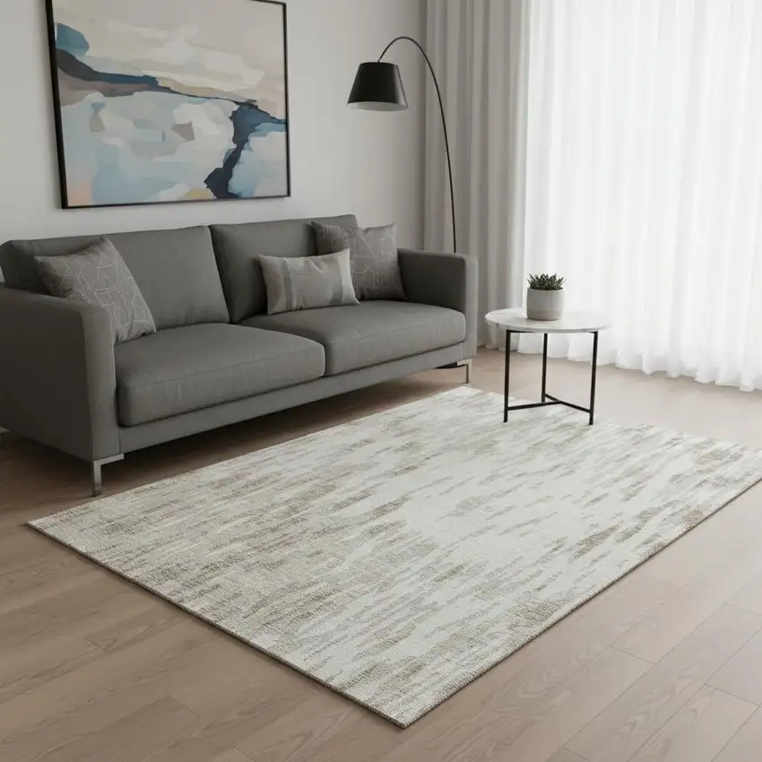 Ivory And Beige Abstract Washable Area Rug With UV Protection Photo 2