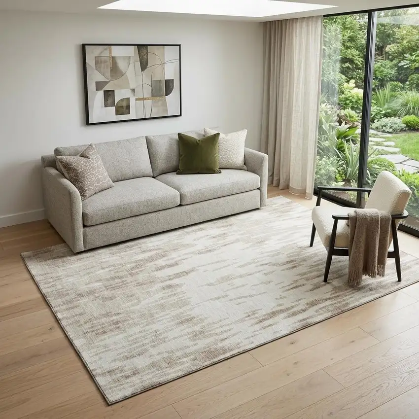 Ivory And Beige Abstract Washable Area Rug With UV Protection Photo 1
