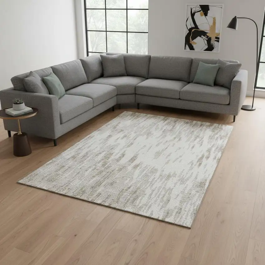 Ivory And Beige Abstract Washable Area Rug With UV Protection Photo 2