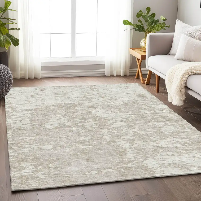 Ivory And Beige Abstract Washable Area Rug With UV Protection Photo 3