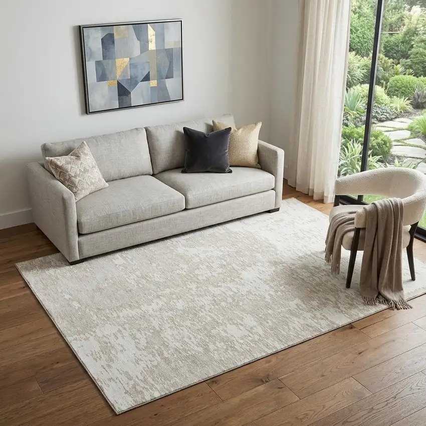 Ivory And Beige Abstract Washable Area Rug With UV Protection Photo 1