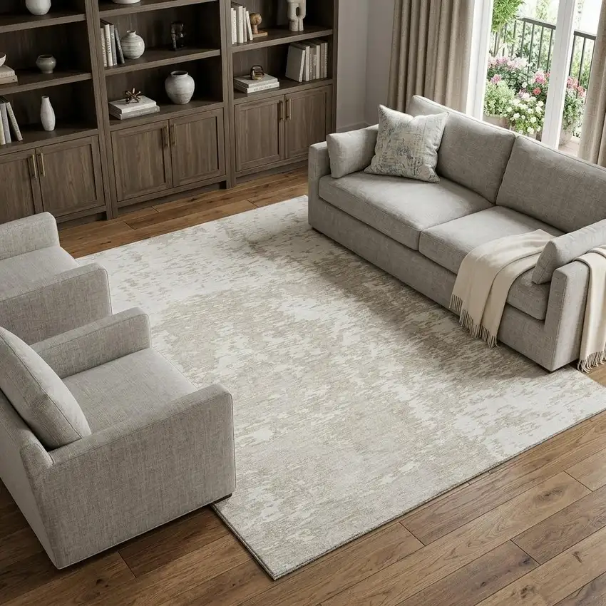Ivory And Beige Abstract Washable Area Rug With UV Protection Photo 1