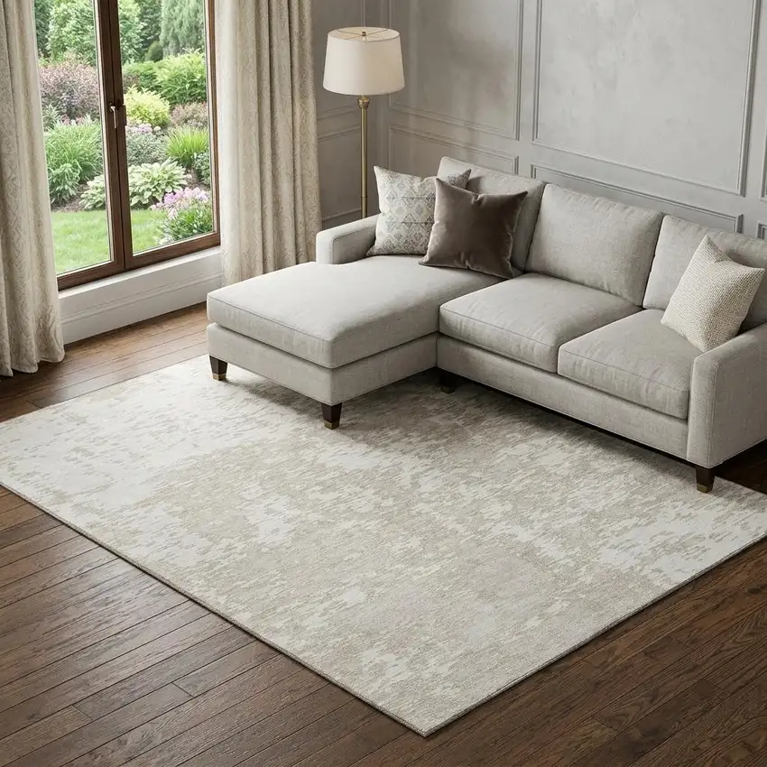Ivory And Beige Abstract Washable Area Rug With UV Protection Photo 1